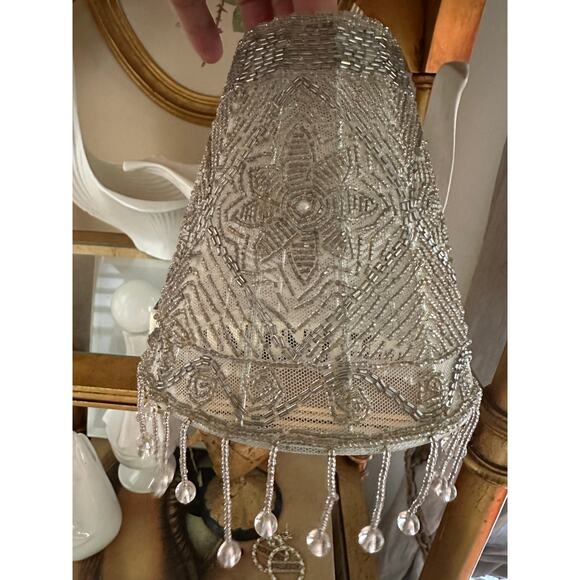 Beaded Lamp Shade Fringed gray small floral mesh 6x6x2.5” Victorian - Picture 4 of 14